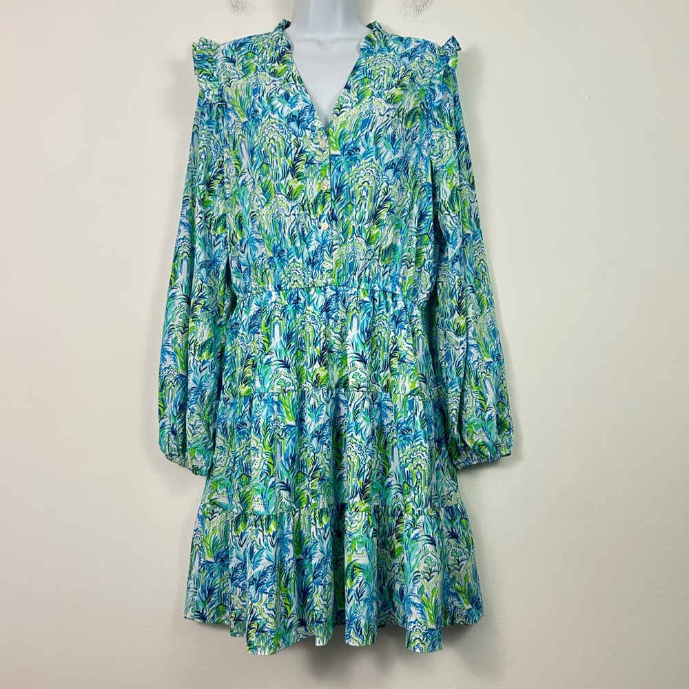 Lilly Pulitzer Womens Large Dress Tiered Long Sleeve Blue Green Button V-Neck